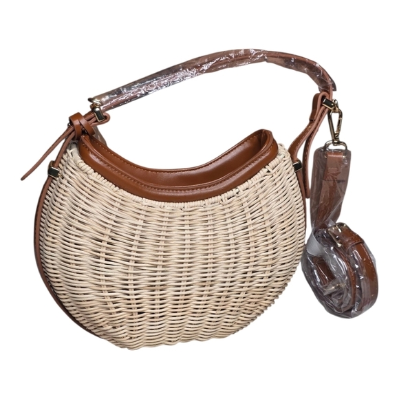 LOULU Woven Rattan Crescent Shoulder Bag NWT Boho Straw Purse Brown Trim - Picture 3 of 7
